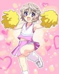  armpits blue_panties blush cheerleader commentary crossdressing heart hoshino_ayumu hoshizora_e_kakaru_hashi light_brown_hair male_focus otoko_no_ko panties purple_eyes shigehiro_(hiroi_heya) shoes smile sneakers socks solo underwear upskirt 