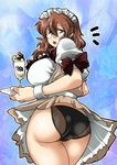  amber_eyes ass black_panties bow bows breasts brown_hair cherry chocolate curvy female food fruit glasses headdress holding huge_breasts ice_cream looking_back maid maid_headdress maid_outfit open_mouth panties shisoworld skirt solo standing sundae tray underwear upskirt wrist_cuffs yellow_eyes 