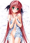  1girl absurdres areolae bare_shoulders bed blush breast_hold breasts fixed green_eyes highres huge_filesize incredibly_absurdres like_a_butler long_hair lying naked_towel navel nipple_slip nipples nude on_back open_towel pink_hair sara_appleton senomoto_hisashi solo striped thigh_gap towel very_long_hair wet 