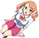  :o anjou_naruko ano_hi_mita_hana_no_namae_wo_bokutachi_wa_mada_shiranai. blush bow bowtie brown_eyes from_above hair_ornament hairclip hyakuen_raitaa long_hair open_mouth orange_hair school_uniform scrunchie simple_background sitting skirt sleeves_rolled_up solo twintails 