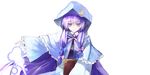  alternate_costume banpai_akira book brooch capelet crescent expressionless frilled_sleeves frills hood jewelry jitome koumajou_densetsu koumajou_densetsu_2 outstretched_arm patchouli_knowledge purple_eyes solo touhou wide_sleeves 