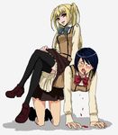  all_fours black_hair blonde blood blush human_chair maria_holic miyamae_kanako mole nosebleed oekaki red_eyes school_uniform shidou_mariya sitting thighhighs trap 