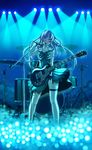  bad_id bad_pixiv_id blue dress drum drum_set garters guitar instrument legs light_particles long_hair looking_at_viewer microphone microphone_stand mouth_hold original red_eyes silver_hair solo terumii 