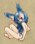  animal_ears bad_id bad_pixiv_id barefoot blue_hair copyright_request feet feral_lemma long_hair nude sitting solo 