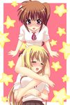  blonde_hair fate_testarossa lap_pillow lyrical_nanoha mahou_shoujo_lyrical_nanoha_strikers multiple_girls saki_chisuzu school_uniform side_ponytail takamachi_nanoha yuri 