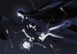  absurdly_long_hair ajimita amputee arrow black_gloves black_hair black_legwear black_neckwear black_shirt black_shorts bort closed_mouth diamond_(houseki_no_kuni) double_amputee elbow_gloves from_side gem_uniform_(houseki_no_kuni) gloves houseki_no_kuni long_hair multiple_others necktie shirt shorts thighhighs very_long_hair white_hair 