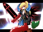  advent_cirno belt black_wings blonde_hair breasts cirno cleavage dual_wielding ex-rumia fal_(falketto) fusion holding long_hair medium_breasts ponytail red_eyes rumia slit_pupils sword touhou weapon wings 