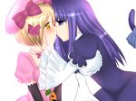  blonde_hair blue_eyes blue_hair cat_tail dress elbow_gloves frederica_bernkastel gloves hair_ornament hat highres lambdadelta long_hair multiple_girls pink_hat purple_eyes red_eyes ribbon short_hair tail umineko_no_naku_koro_ni werq1996 yuri 