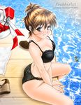  bra brown_eyes brown_hair dock lingerie original panties sitting solo underwear underwear_only water yuuse_kouichi 