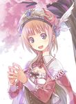  atelier_(series) atelier_rorona bad_id bad_pixiv_id breasts brown_hair cape cherry_blossoms cleavage hat open_mouth purple_eyes rororina_fryxell small_breasts smile solo steepled_fingers yuguru 