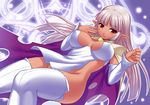  arcana_heart arcana_heart_2 breasts cape cleavage covered_nipples dark_skin elf hips large_breasts lavender_hair light_smile long_hair looking_at_viewer magic_circle no_panties ono_misao parace_l'sia pointy_ears red_eyes solo thighhighs white_legwear 