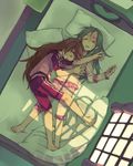  barefoot bed closed_eyes feet from_above green_hair hands holding_hands houjou_hibiki lying minamino_kanade multiple_girls orange_hair pajamas pillow precure shorts sleeping suite_precure sweat takishima_asaka track_suit window_shade yuri 