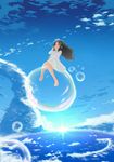  absurdres black_hair blowing brown_eyes bubble bubble_blowing cloud dress floating hair_ornament hairclip highres long_hair momo_no_kanzume on_bubble original sky solo sweater 