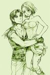  1girl bad_id bad_pixiv_id bare_shoulders boots breasts capcom carlos_oliveira carrying cleavage fingerless_gloves gloves jill_valentine knee_boots medium_breasts miniskirt monochrome open_mouth rakuto_mangan resident_evil resident_evil_3 shirt short_hair skirt strapless taut_clothes taut_shirt tied_shirt tubetop 