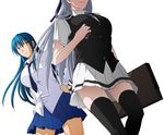  2girls black_legwear blue_hair dcd diamond_cut_diamond kenji_t1710 long_hair multiple_girls necktie red_eyes school_uniform shigyou_yuuyami silver_hair skirt smile taguchi_kenji thighhighs tie yodogimi_rinko 