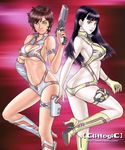  2girls 80s ass belt boots breasts butt_crack cameltoe cleavage cleavage_cutout clitlogic copyright_name cosplay costume dirty_pair gun gun_holster heart_cutout large_breasts long_hair looking_at_viewer mihoto_kouji multiple_girls oldschool revealing_clothes short_hair weapon web_address 