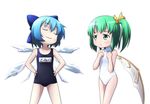  black_school_swimsuit blue_hair bow cirno daiyousei duplicate green_hair kusaba_(kusabashiki) multiple_girls name_tag one-piece_swimsuit ribbon school_swimsuit swimsuit touhou wings 