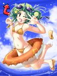  ;d barefoot bikini cloud day double_bun error face fang feet flat_chest flip-flops goggles goggles_on_head green_hair hair_ornament hands hoshizora_e_kakaru_hashi innertube jumping navel ocean one_eye_closed open_mouth orange_bikini sandals setomi_sora shoes side-tie_bikini single_shoe smile solo star star_hair_ornament swimsuit toudou_koyori v v_over_eye 