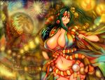  bell belt breasts center_opening cleavage dancing festival green_hair hair_intakes highres hips huge_breasts japanese_clothes kimono mouth_hold navel no_bra open_clothes original panties pantyshot red_eyes short_hair side_ponytail standing thong tsukasawa_takamatsu tsukazawa underwear wide_hips 