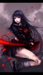  black_hair blood cuts highres injury legs original petals red_eyes sasaki_ryou school_uniform serafuku solo sword torn_clothes weapon 