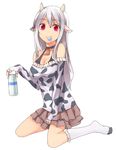  albino animal_ears animal_print bad_id bad_pixiv_id bare_shoulders bell between_legs breasts choker cleavage cow_ears cow_girl cow_horns cow_print hand_between_legs horns medium_breasts milk mouth_hold nnyu original red_eyes simple_background smile socks solo white_hair white_legwear 