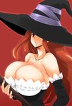  breasts brown_hair cleavage dragon's_crown dress elbow_gloves fuyube_rion gloves hat highres huge_breasts long_hair solo sorceress_(dragon's_crown) staff strapless strapless_dress weapon witch witch_hat 