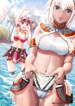  armpits bikini_top breasts brown_eyes brown_hair cleavage dark_skin green_eyes hermitaur_(armor) highres kirin_(armor) medium_breasts midriff monster_hunter multiple_girls navel open_mouth revision shirt smile taut_clothes taut_shirt v-mag wading water waterfall white_hair 