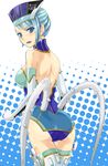  ass back backless_outfit bad_id bad_pixiv_id bare_shoulders blue_eyes blue_hair blue_rose_(tiger_&amp;_bunny) blush crystal_earrings earrings elbow_gloves from_behind gloves gun hat holster jewelry karina_lyle lipstick looking_back makeup pepsi pepsi_nex polka_dot prime product_placement short_hair solo thigh_holster thighhighs tiger_&amp;_bunny weapon 
