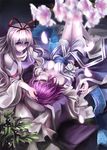  bare_shoulders blonde_hair blue_eyes breasts cherry_blossoms cleavage fullerene hair_ribbon highres lap_pillow long_hair medium_breasts multiple_girls no_hat no_headwear off_shoulder petals pink_eyes pink_hair ribbon saigyouji_yuyuko short_hair touhou yakumo_yukari 