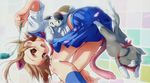  bent_over brown_hair cat_toy coloured_tile happy kaede_mizuno looking_at_viewer neko nyamsus nyan_koi! red_scarf school_uniform tabby_cat tama thighs 