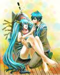  1girl aqua_hair arrow arrow_in_head barefoot blood blood_stain blue_hair bottomless carrying closed_eyes cosplay couple feet foreshortening formal hatsune_miku hetero highres husband_and_wife ie_ni_kaeru_to_tsuma_ga_kanarazu_shinda_furi_wo_shite_imasu._(vocaloid) kaito kigurumi knife long_hair nail_polish necktie open_mouth panties peco19peco princess_carry short_hair smile sparkle striped striped_panties suit sunfish toenail_polish underwear very_long_hair vocaloid 