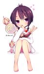  a_channel ahoge bare_legs bare_shoulders barefoot black_hair blonde_hair blush bunsai candy chibi cookie cupcake feet food food_on_face forehead heart high_ponytail ichii_tooru lollipop momoki_run multiple_girls o_o pocky purple_eyes short_hair sitting tongue 