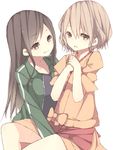  bad_id bad_pixiv_id between_legs black_hair blush brown_eyes brown_hair flower hair_flower hair_ornament hanasaku_iroha hand_between_legs hands_together japanese_clothes kissuisou_uniform long_hair looking_away matsumae_ohana meet_neet multiple_girls nakai_(waitress) own_hands_together short_hair smile tsurugi_minko yuri 