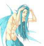  1boy abs aqua_hair arms_up blue_hair dripping fins forehead_jewel hands_on_head long_hair male mermaid merman monster_boy muscle simple_background solo topless wet wet_hair 