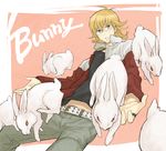  aqua_eyes bad_id bad_pixiv_id barnaby_brooks_jr belt blonde_hair blue_eyes bunny glasses jacket male_focus midriff red_jacket sashimi555 solo studded_belt tiger_&amp;_bunny too_many too_many_bunnies 