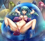  arms_up birthing blush breast_sucking breasts clenched_teeth green_eyes green_hair hair_ornament kochiya_sanae large_breasts long_hair monikano nude pregnant restrained slime solo spread_legs tears touhou vagina 