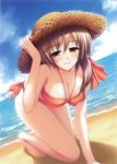  :d bandeau barefoot beach bikini boku_to_gonee_to_umi_no_year!! breast_press breasts brown_eyes brown_hair cleavage cloud collarbone day dutch_angle halterneck hand_on_headwear hat highres large_breasts leaning_forward nanami_shiori ocean open_mouth outdoors sand side-tie_bikini sky smile straw_hat sun_hat swimsuit tomose_shunsaku 