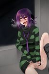  ahegao bad_id bad_pixiv_id blush bottomless breasts dress futanari green_shirt headphones herpestiz_kadokura kneehighs loose_necktie masturbation medium_breasts necktie no_panties open_mouth original penis purple_hair pussy pussy_juice red_eyes saliva shirt short_hair sitting sleeves_past_wrists solo striped sweater sweater_dress tongue umisato_michiyu window 