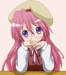  1girl glasses hat long_hair looking_at_viewer lucky_star pink_hair purple_hair ribbon solo takara_miyuki takumi_(rozen_garten) very_long_hair 