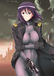  atsuko bodysuit breasts building city coat cosplay diesel-turbo fingerless_gloves ghost_in_the_shell gloves gun kusanagi_motoko kusanagi_motoko_(cosplay) large_breasts minami-ke purple_bodysuit purple_eyes purple_hair skin_tight smile solo sunset weapon 