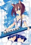  :d absurdres animal_ears aruya_(flosrota) blue_bra blue_eyes bra breasts brown_hair cleavage copyright_request highres instrument jewelry keyboard_(instrument) keytar necklace off_shoulder open_mouth small_breasts smile solo thighhighs underwear white_legwear 