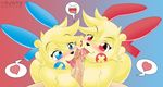  &hearts; blue_eyes blush breasts cum double_fellatio double_titfuck erection fellatio female group group_sex human interspecies licking male mammal minun nintendo oral oral_sex penis plusle pok&#233;mon pok&#233;philia pok&eacute;mon red_eyes sex straight takipsilim teamwork threesome titfuck tongue video_games 