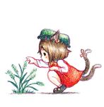  black_eyes blush brown_hair chen colored_pencil_(medium) earrings green_hat hat jewelry long_sleeves mary_janes mob_cap multiple_tails outstretched_arm plant plant_request profile ribbon shoes simple_background solid_eyes solo squatting tail tail_lift tail_ribbon terrajin touhou traditional_media white_background 