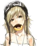  bakemonogatari biting blonde_hair doughnut face fang food goggles goggles_on_headwear head_tilt helmet jewelry long_hair makimura_shunsuke monogatari_(series) mouth_hold necklace oshino_shinobu pointy_ears sketch solo strap_slip yellow_eyes 