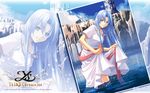  2009 ancient_ys_vanished blue_eyes blue_hair copyright_name dress enami_katsumi feena_(ys) highres long_hair official_art photo_(object) skirt skirt_lift smile solo standing tower wading water white_dress ys zoom_layer 