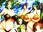  age_difference bikini breasts child curvy family gigantic_breasts green_hair hair_intakes highres long_hair milf mother_and_daughter multiple_girls original ponytail siblings standing string_bikini summer swimsuit tsukasawa_takamatsu tsukazawa twintails wife 