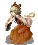  animal_print blonde_hair daruia_(sabitare) hair_ornament kemonomimi_mode one_eye_closed short_hair solo tail tiger_print tiger_tail toramaru_shou touhou 