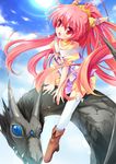  ayakaze_ryuushou dragon dragon_girl fang highres long_hair monster_girl original pink_hair ponytail red_eyes solo thighhighs very_long_hair 