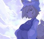  animal_ears blonde_hair blue breasts cloud hands_in_opposite_sleeves hat head_tilt impossible_clothes looking_up medium_breasts ryuno short_hair solo tail touhou wide_sleeves yakumo_ran yellow_eyes 