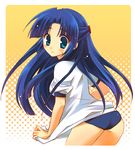  asakura_ryouko ass blue_eyes blue_hair blush buruma cowboy_shot frown hair_ornament hairclip half_updo long_hair looking_at_viewer pokopi shirt short_sleeves simple_background solo suzumiya_haruhi_no_yuuutsu sweatdrop very_long_hair white_shirt yellow_background 